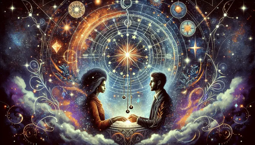 Astrological art of two people with cosmic background.