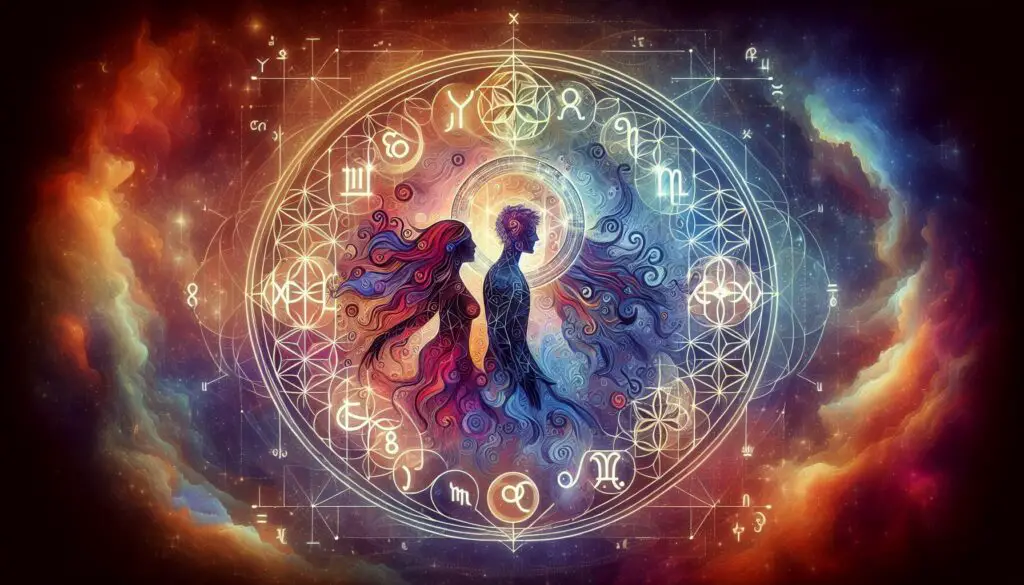 Mystical astrology art with zodiac symbols and cosmic silhouette