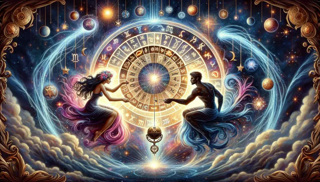 Fantasy zodiac art with cosmic elements and astrology symbols.