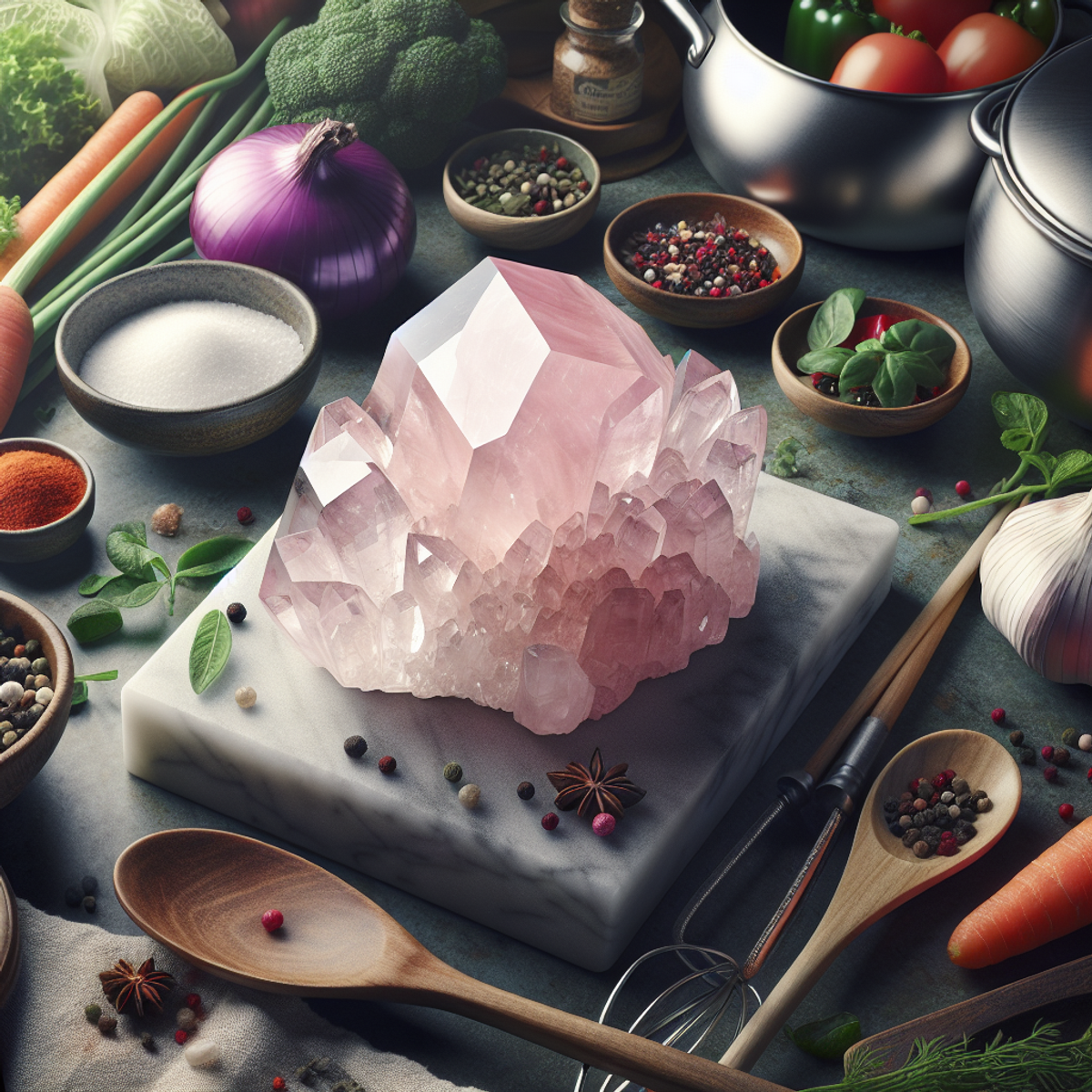 A close-up image of a beautiful, pink Rose Quartz crystal resting on a kitchen countertop surrounded by an array of fresh ingredients like vegetables, herbs, and spices, along with cooking utensils such as a wooden spoon, a whisk, and a cooking pot.