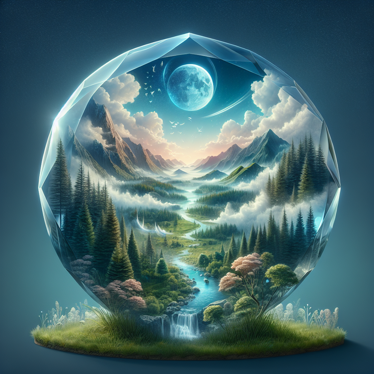 A crystal with a serene river, lush forests, ethereal clouds, and majestic mountains inside.
