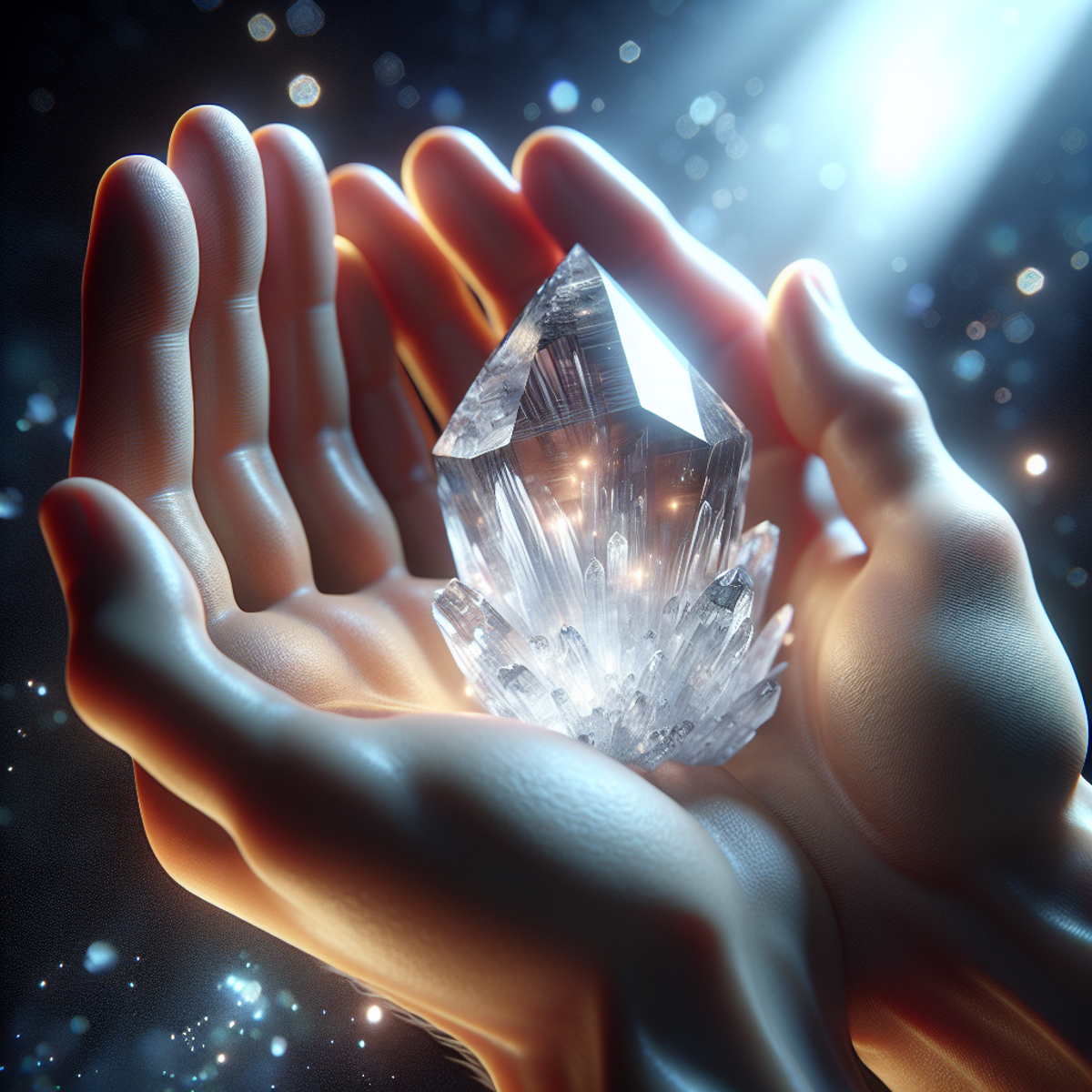 A hand holding a translucent quartz crystal.