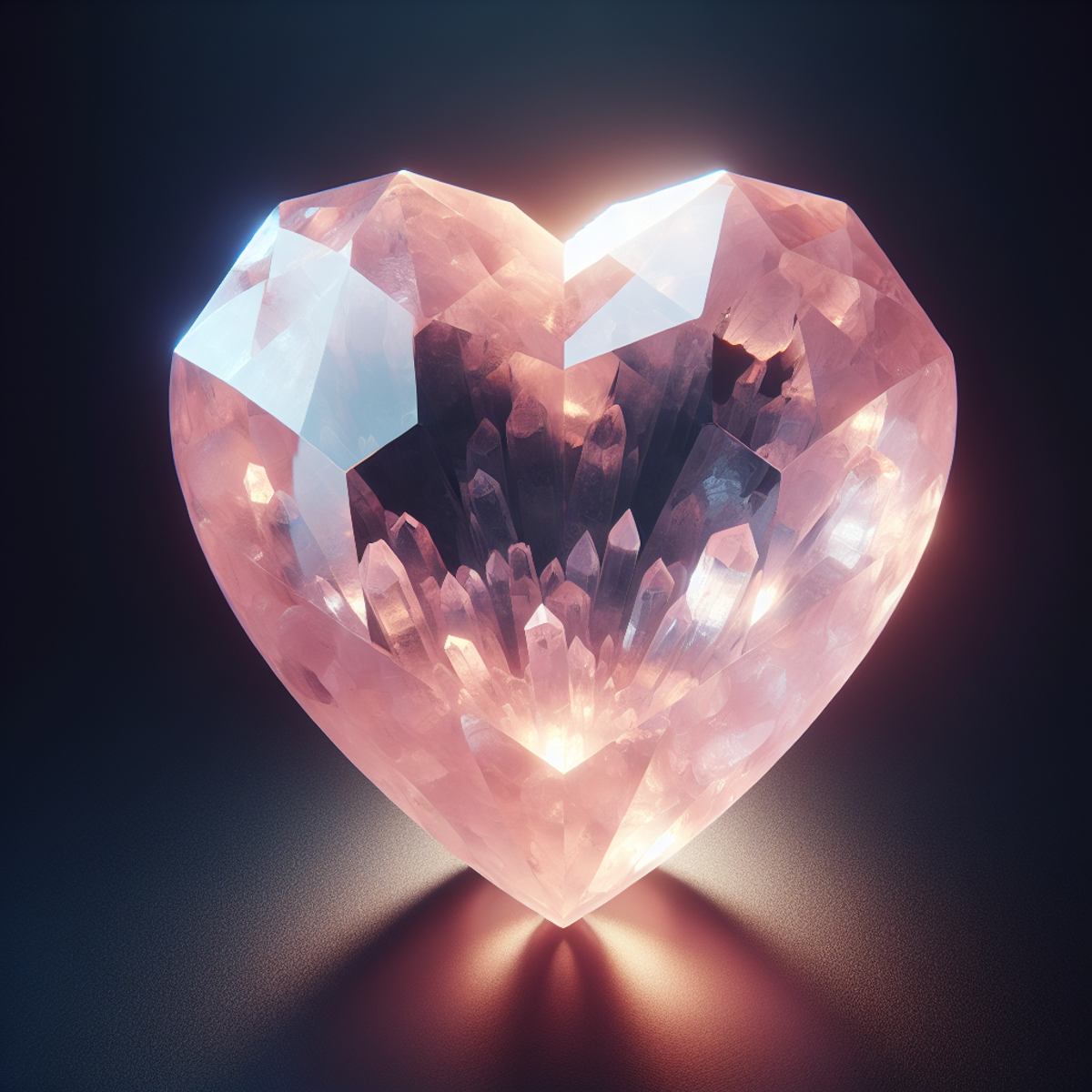 A heart-shaped rose quartz crystal glowing radiantly.