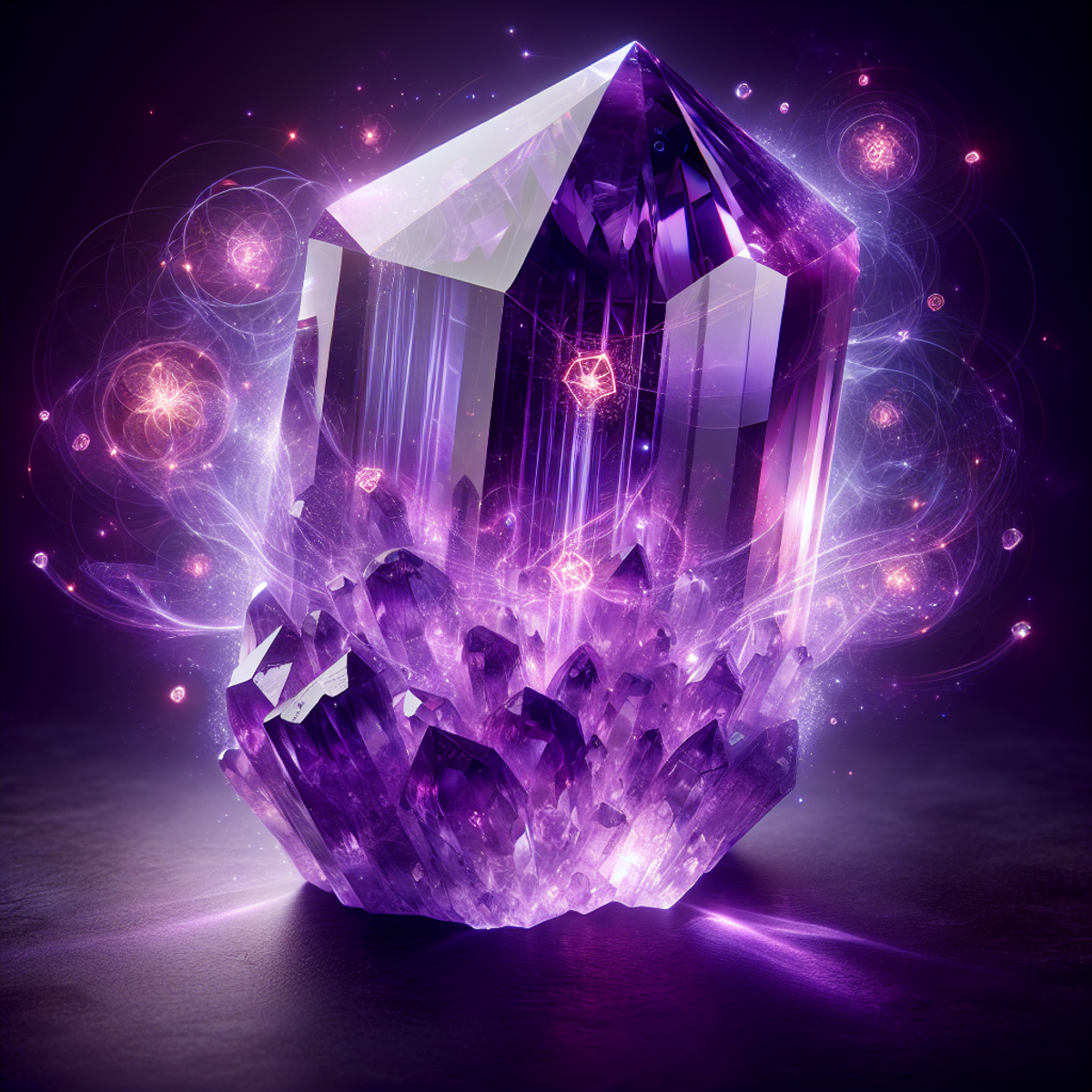 A large amethyst crystal glowing with vibrant purple light, emanating spiritual energy in ethereal waves.