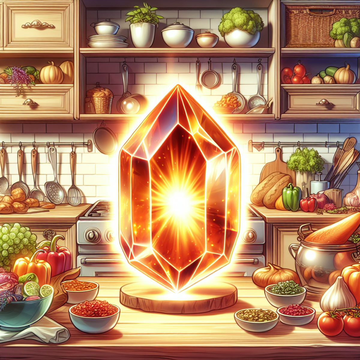 A large, radiant sunstone emitting positive energy in a beautifully organized kitchen filled with colorful and delicious ingredients.