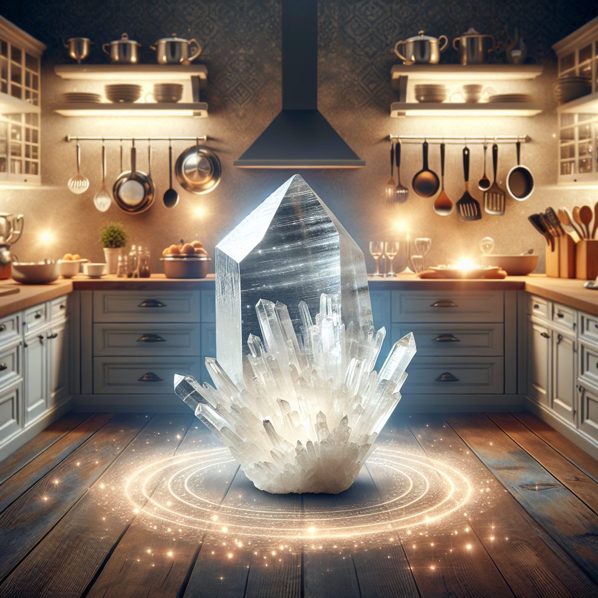 A selenite crystal emanating a serene glow over a pristine, organized kitchen.