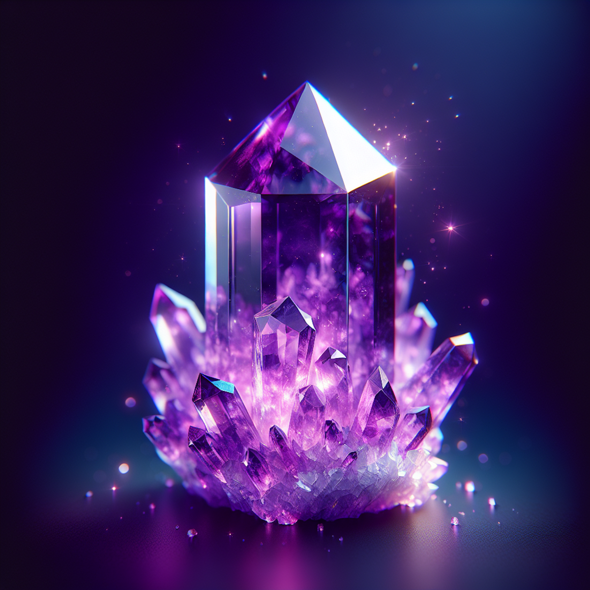A stunning amethyst crystal glowing with vibrant purple light.
