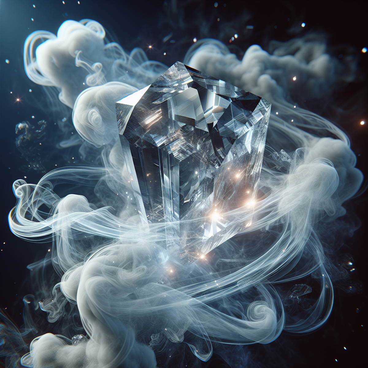 A transparent crystal being cleansed in tendrils of smoke.