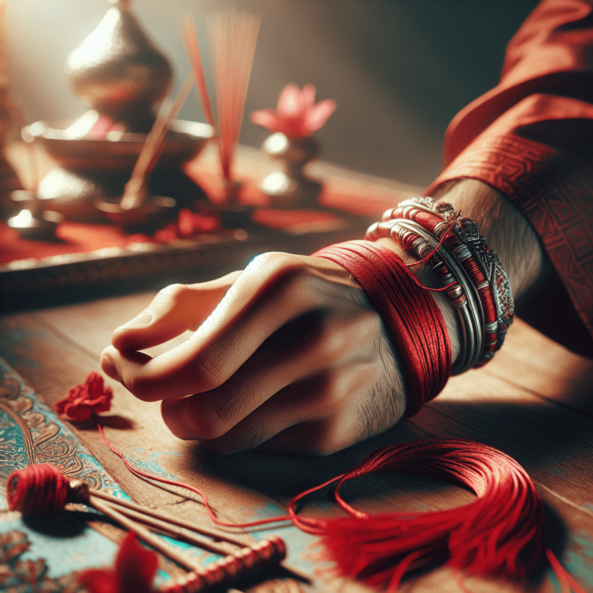 A close-up view of a vivid red thread bracelet wrapped around the wrist of a South Asian individual, with their hand delicately grasping the bracelet. In the softly blurred background, traditional Hindu prayer items like incense sticks and colorful flowers are visible, enhancing the cultural and spiritual significance of the scene. The overall visual style is realistic, emphasizing the rich symbolism of the bracelet and surrounding objects.