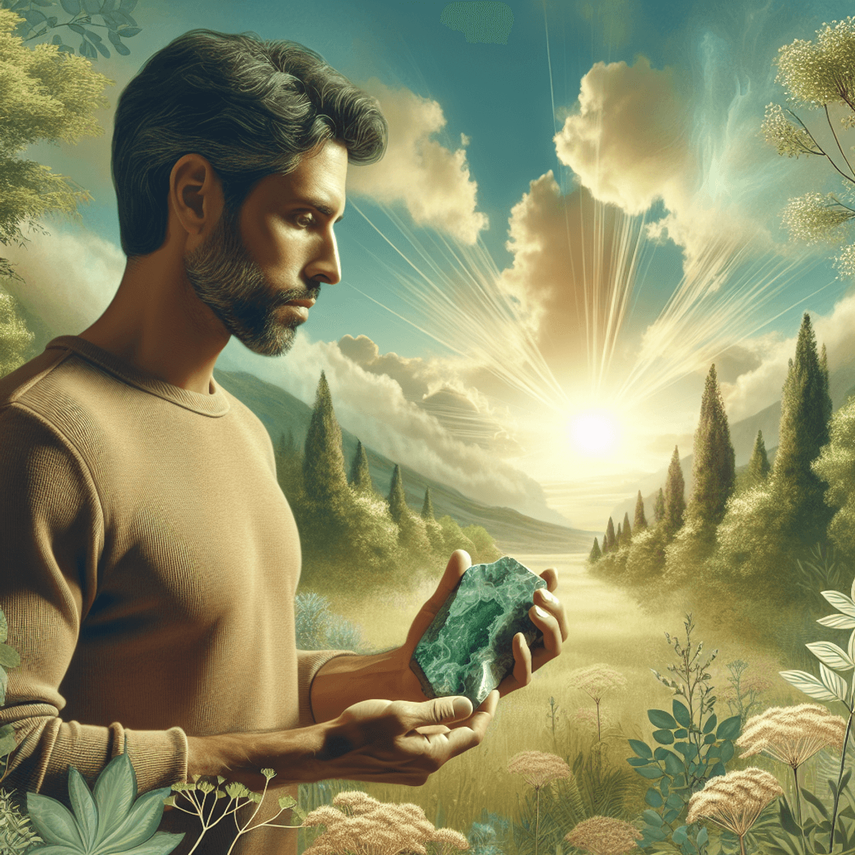 A man of Hispanic descent, standing in a serene natural setting, gently holds a piece of unakite stone in his hand. He is surrounded by lush green plants and dappled sunlight filtering through the trees, creating an atmosphere of tranquility and emotional healing.