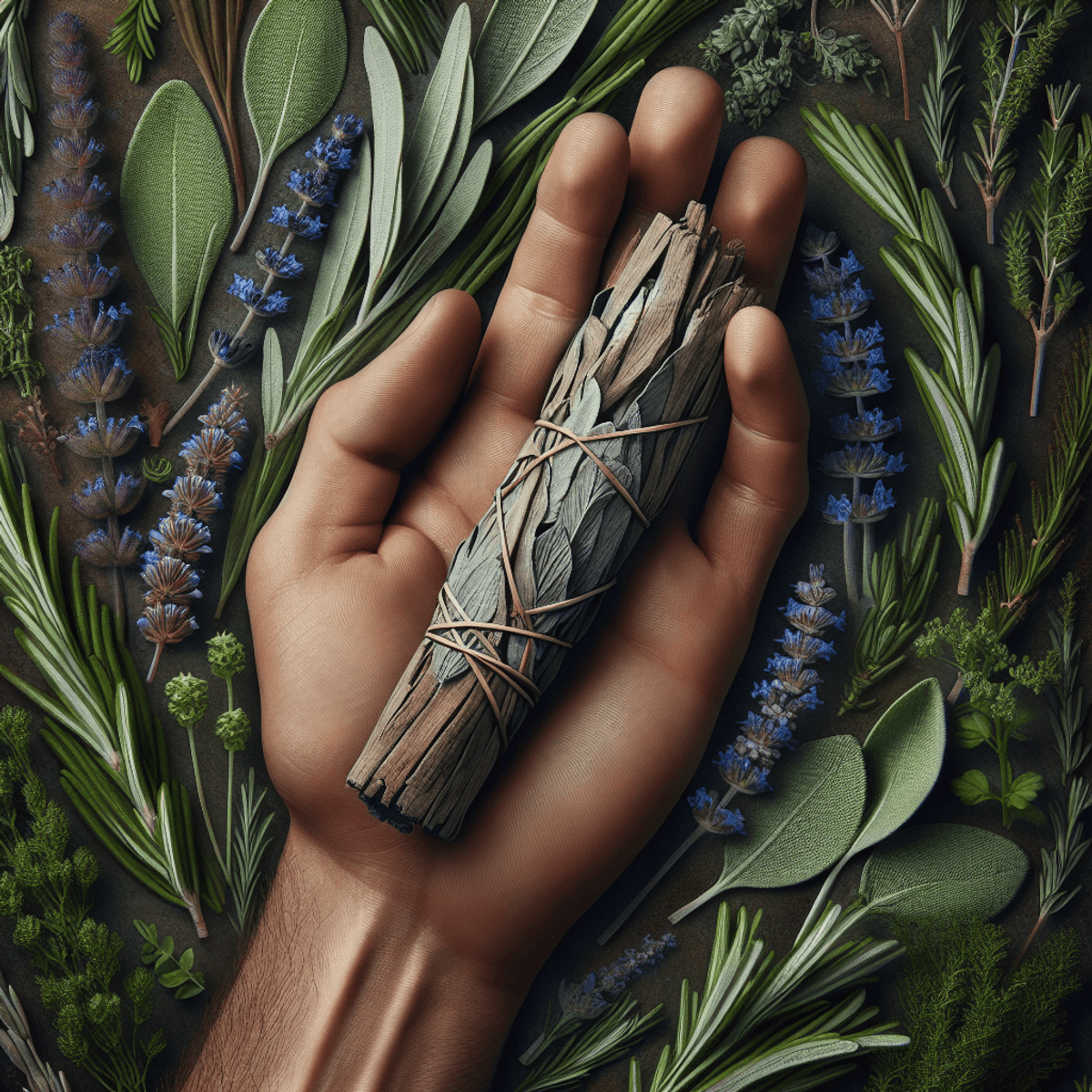 A realistic human hand of diverse descent tightly gripping a beautifully crafted cedar smudge stick, surrounded by fresh sprigs of sage, rosemary, and lavender. The background features a lush array of green hues, evoking tranquility and purification without any text or written words.