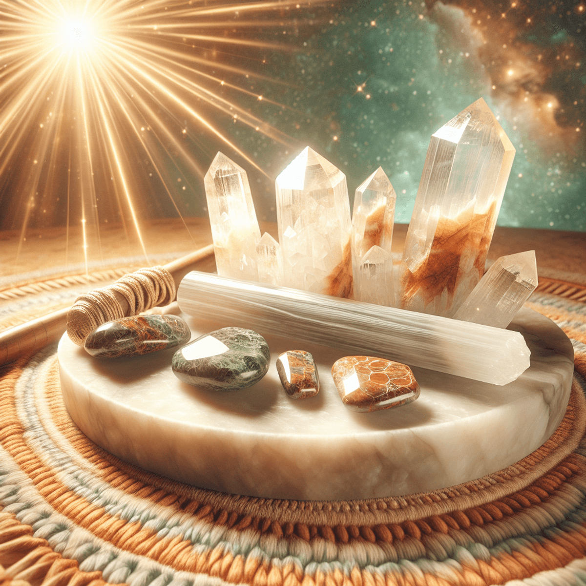 A Selenite wand and unakite stones are elegantly arranged on a soft, natural surface, surrounded by a serene and calming background that radiates peace. The bright and warm lighting enhances the natural colors of the crystals, emphasizing their beauty and energy. The scene captures the cleansing and charging properties of the Selenite crystal, evoking a sense of tranquility without any text or symbols.