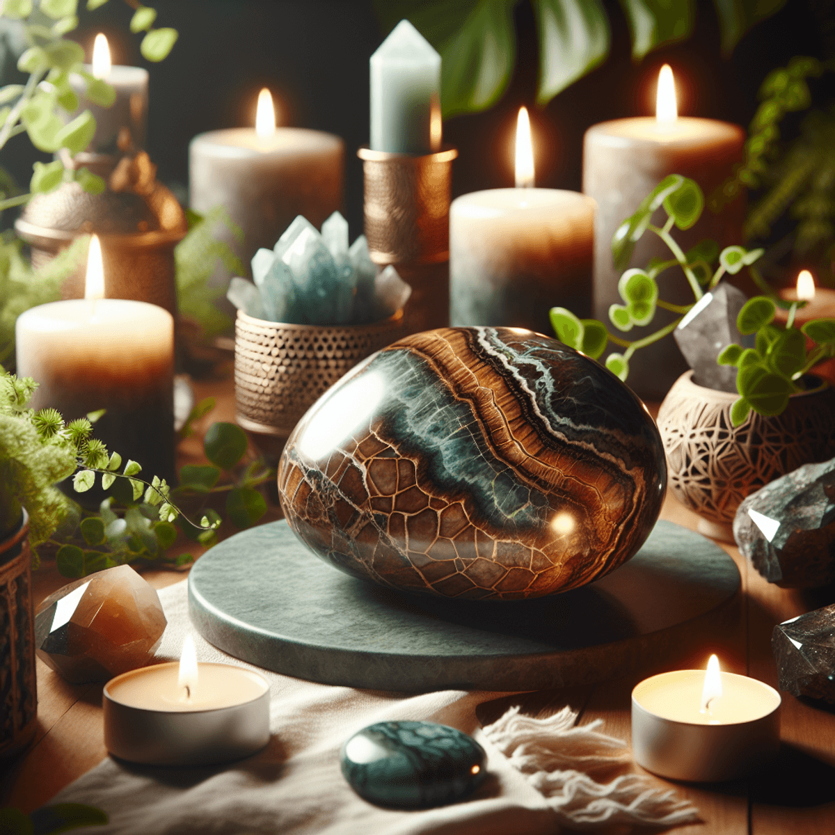 A serene altar setup featuring a central Crocodile Jasper stone with intricate textures and colors. Surrounding the stone are softly glowing candles that cast warm light. Lush green plants and an assortment of captivating crystals create a calming backdrop, evoking a sense of emotional healing and tranquility in this sacred space.