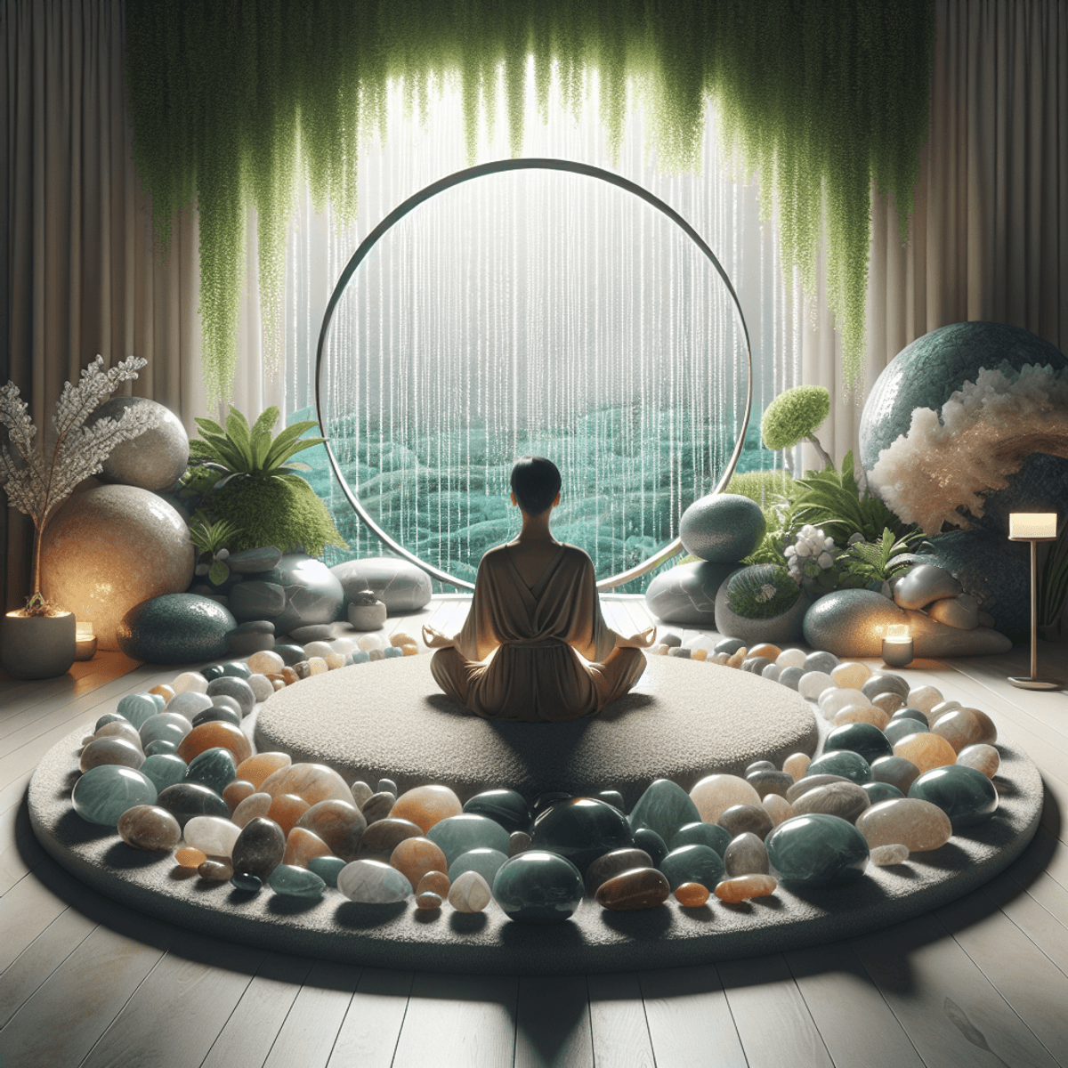 A serene meditative space featuring an individual of Asian descent seated cross-legged on a plush mat, surrounded by shimmering Ocean Jasper stones. The area is bathed in gentle natural light, highlighting lush greenery and ocean-themed decor, creating an atmosphere of tranquility and calmness.