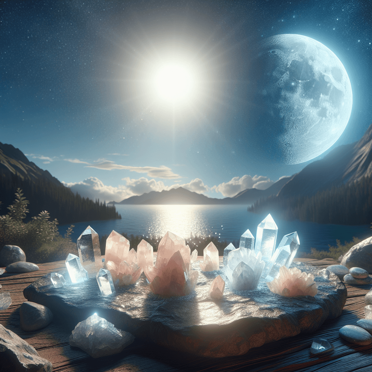 A serene outdoor scene featuring a bright azure sky illuminated by sunlight, highlighting pristine clear quartz crystals on a rough natural surface. Sunlight interacts with the quartz, causing them to sparkle brilliantly. In the foreground, glowing rose quartz crystals are bathed in gentle silvery moonlight, suggesting a nocturnal cleansing ceremony. The contrasting effects of sunlight and moonlight on the crystals create an atmosphere of harmony and a deep connection with nature.