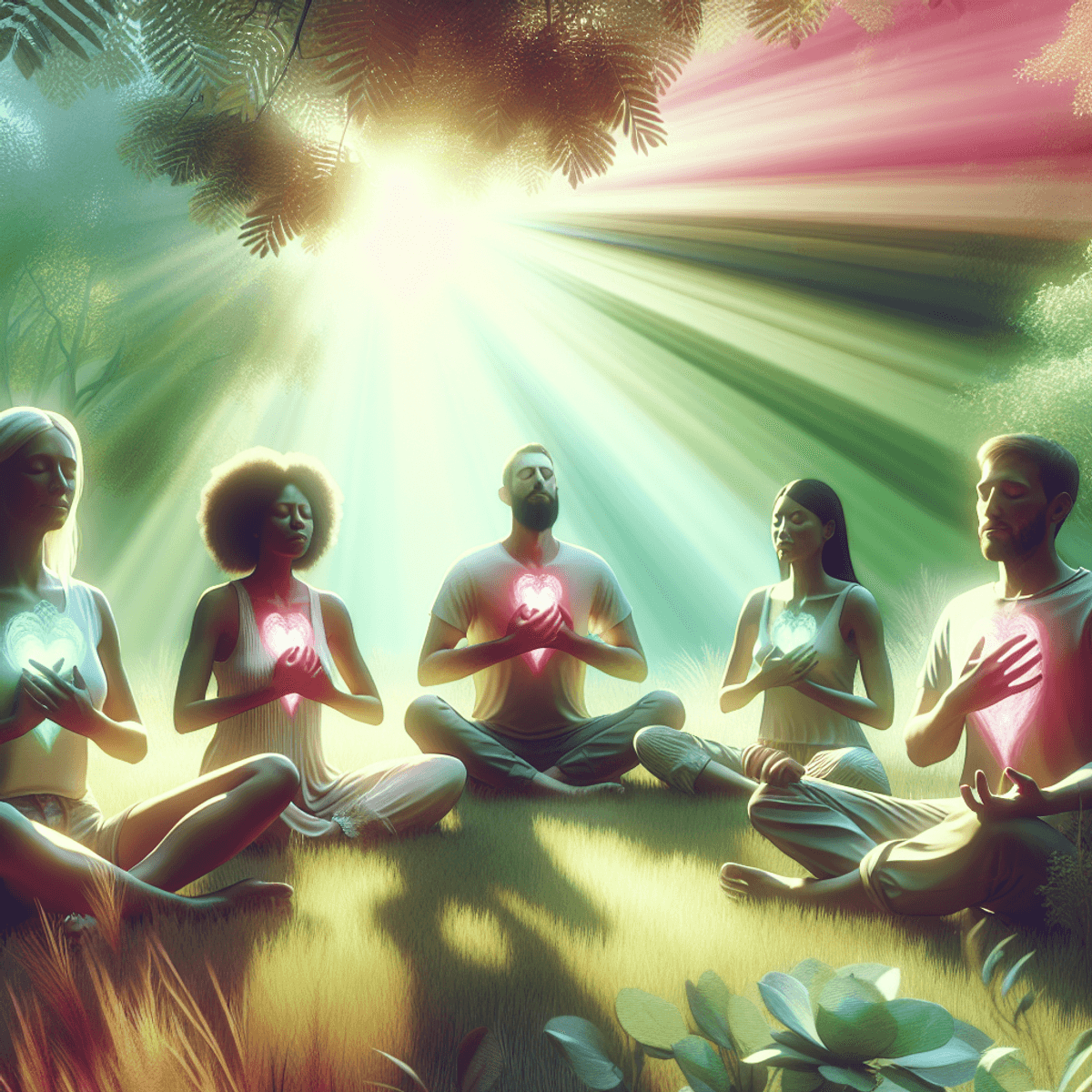 A serene outdoor scene featuring a Caucasian woman, an Asian man, and a Hispanic woman sitting in a circle on soft grass, engaged in meditation. Each individual has their hands placed gently over their hearts, embodying love and compassion. The background is filled with soft hues of green and pink, symbolizing the Heart Chakra, while gentle sunlight filters through the overhead trees, creating a calming atmosphere. The overall image conveys a sense of emotional healing and tranquility.