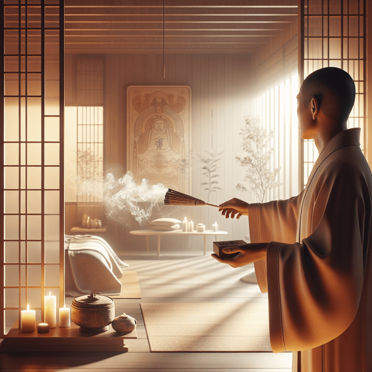 A serene room with an East Asian man gently waving a cedar smudge stick, surrounded by delicate smoky tendrils. The warm and inviting environment features softly illuminated corners and edges, emphasizing a cleansing ritual. The room is adorned with symbols and objects representing purification and harmonizing energy, creating a calming aura.