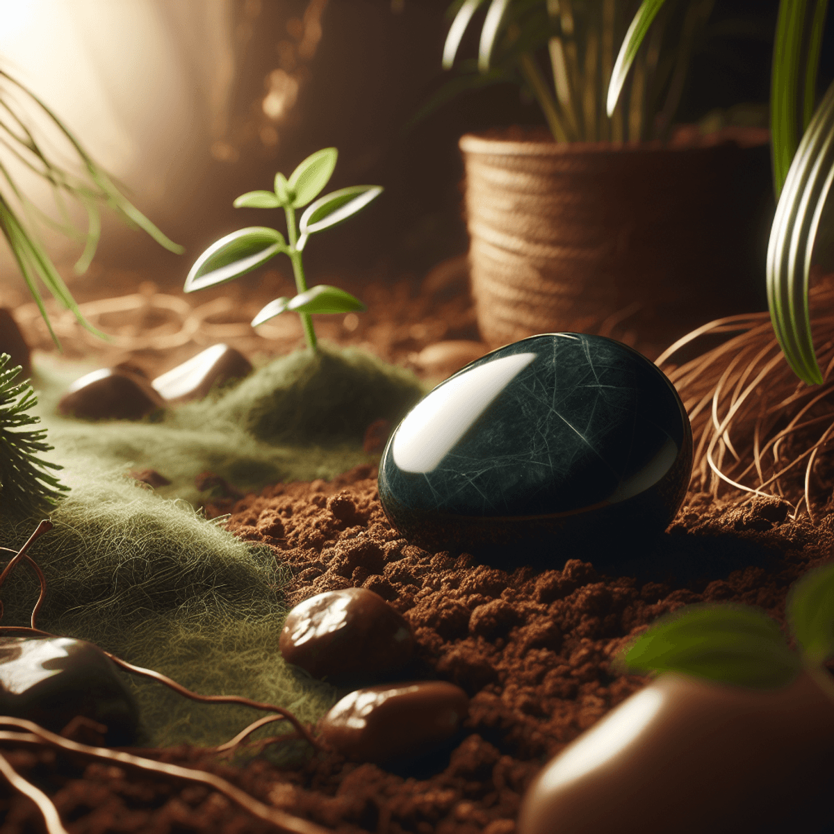 A smooth black jadeite stone resting on rich, earthy soil, surrounded by lush green grass and small plants in the background. The scene is illuminated by warm, inviting light that enhances the natural elements, creating an atmosphere of grounding and stability. The realistic depiction emphasizes the connection between the stone and its natural surroundings without any text or symbols.