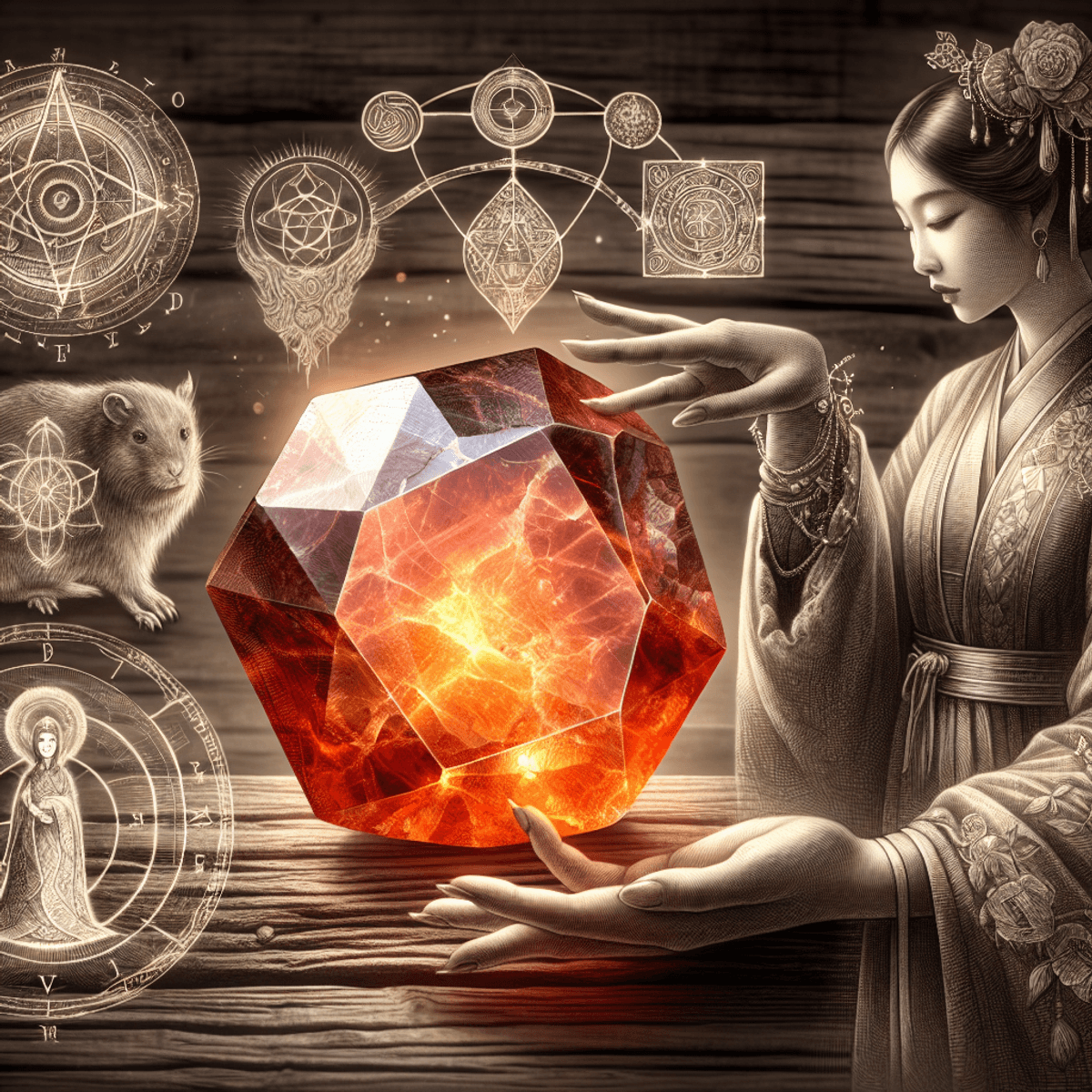 A sunstone, or heliolite, glistens on a hewn wooden table, reflecting soft sunlight with its faceted surface. In the background, subtle traces of Viking, Renaissance, and Celtic cultural symbols can be seen, including rudimentary compasses, esoteric alchemical shapes, and intricate Celtic knots. An Asian woman in traditional dress is outlined beside the stone, her hand gently cradling the gem as she expresses reverence and a deep connection to ancient artifacts.