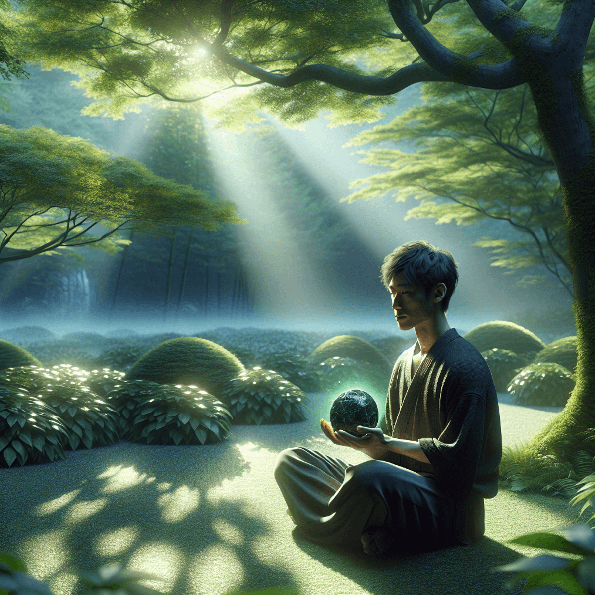 A tranquil individual of Asian descent seated in a contemplation pose, surrounded by soft green leaves and gentle sunlight filtering through the treetops. The ground is adorned with ambient patterns created by the dappled light. The person cradles a piece of black jadeite in their hands, which emits a soft luminescence, symbolizing peace and the removal of negative energy. The entire scene conveys a sense of serenity and calmness in a natural setting.