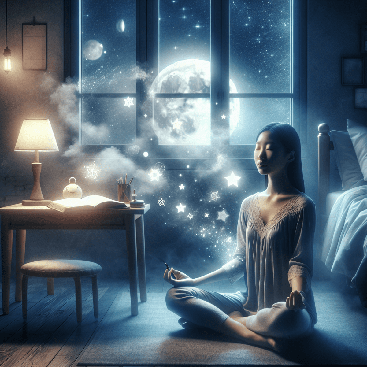 A tranquil night-time bedroom with soft moonlight streaming through a window, illuminating a bedside table holding a dream journal and pen. In the foreground, an Asian woman sits in peaceful meditation with her eyes closed, surrounded by ethereal symbols like stars and dreamy clouds that enhance the mystical atmosphere.