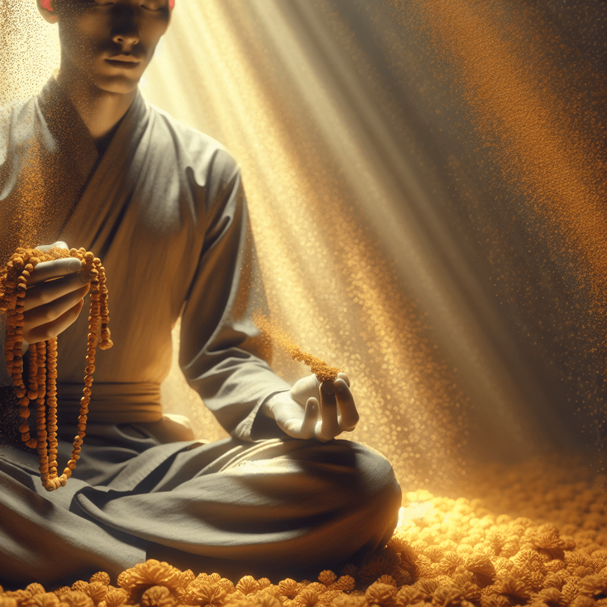 An East Asian individual sits cross-legged in a serene environment, holding a string of dried turmeric beads. Soft, organic light bathes the scene, enhancing the calming atmosphere. The meditator's face reflects peace and inner tranquility, while the vibrant turmeric beads symbolize spiritual fortification and chakra cleansing, drawing focus to their significance.