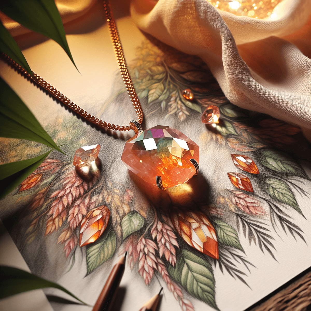 A close-up of a fire quartz necklace resting on a soft fabric backdrop, showcasing the vibrant colors of the stone that gleam and sparkle under subtle lighting. The necklace exudes energy and transformation, while the background features a delicate leafy design, creating a serene atmosphere of harmony.