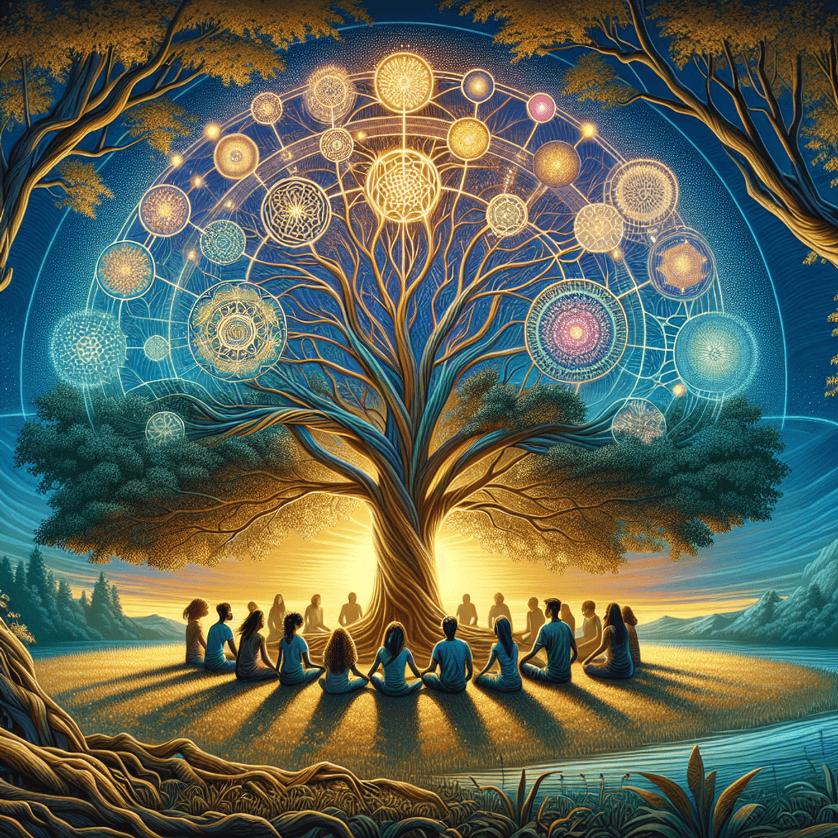 A majestic Tree of Life with intricate branches and roots stands tall in a tranquil landscape, bathed in soft sunlight filtering through lush foliage. A Caucasian woman, a Hispanic man, and an East Asian child form a circle around the tree, embodying serenity and unity as they engage in reflective contemplation. The scene is rendered in a realistic art style, capturing the beauty of nature and human connection.