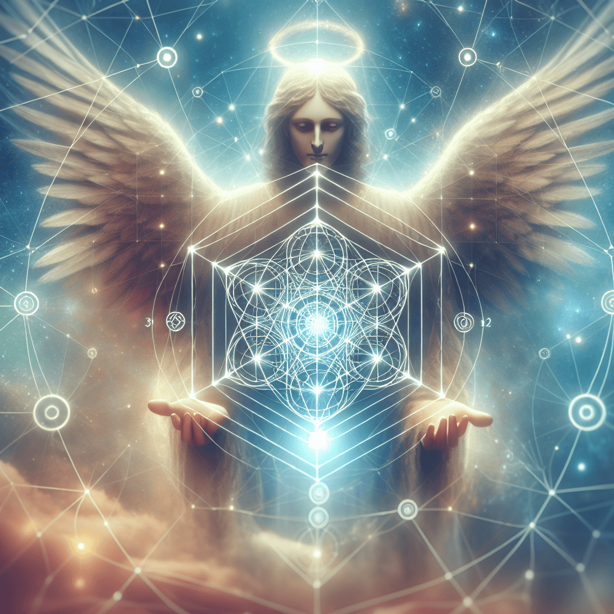 A realistic depiction of Metatron's Cube, featuring 13 interconnected circles and lines symbolizing divine order, set against an ethereal celestial background with soft lighting and subtle colors. A Caucasian celestial figure resembling an archangel is present, observing or gently manipulating the cube, adding to the spiritual atmosphere of the scene.