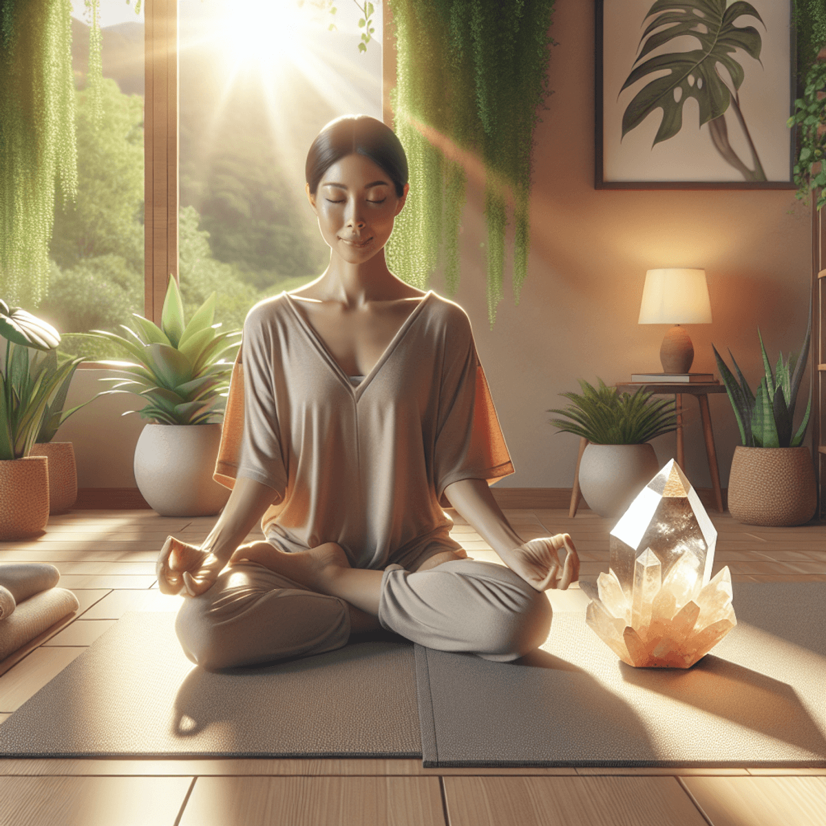 A serene personal sanctuary featuring a person of Asian descent meditating in a lotus position on a comfortable yoga mat. They hold a shimmering Fire Quartz crystal in their hand, symbolizing amplified energy and intentions. The softly lit room exudes warmth, with lush green plants in the background that enhance the tranquil and calming atmosphere, embodying stability and grounding.