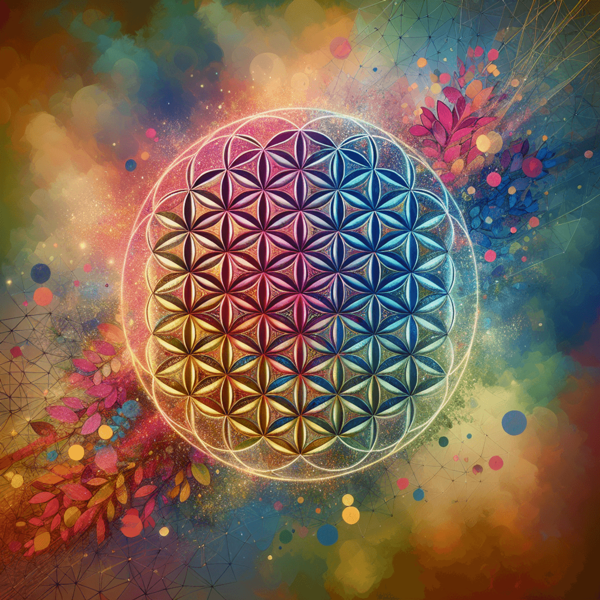 A vibrant depiction of the Flower of Life symbol, consisting of 19 interlocking circles filled with a spectrum of colors, set against a serene natural landscape. The background features lush greenery and gentle hills, with subtle elements such as leaves and blossoms integrated throughout the scene, embodying themes of unity and spirituality in a lifelike style.