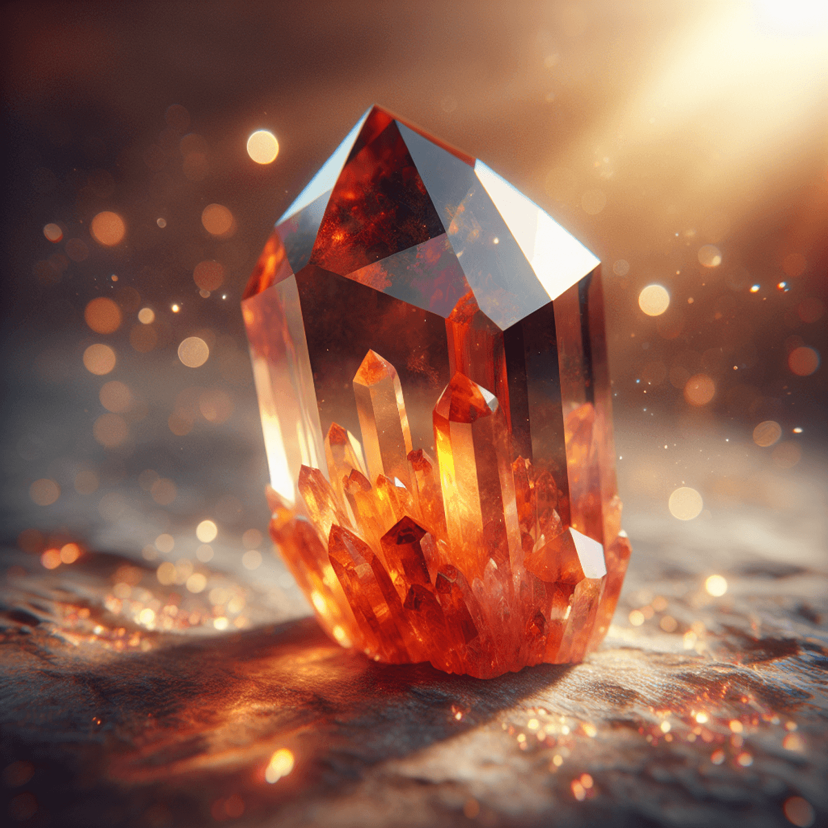 A vibrant Fire Quartz crystal showcasing rich shades of orange, brown, and red, set against a soft natural background with hints of sparkling embers and gentle flames. The crystal is illuminated to highlight its fiery colors, symbolizing personal power, bravery, transformation, and emotional healing.