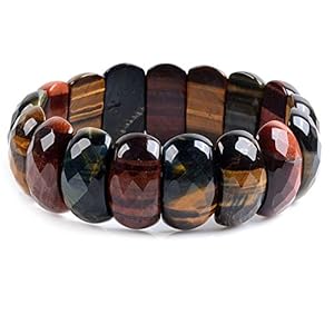 25mm Natural Multicolor Tiger Eye Gemstone Oval Faceted Beads Wide Stretch Bracelet 7" Unisex