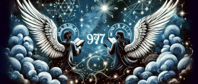 Angelic figures with books amidst cosmic symbols and stars.