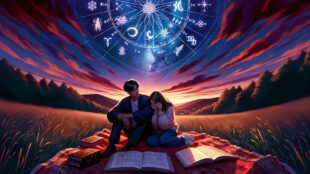 Stargazing couple with zodiac and astrology books.