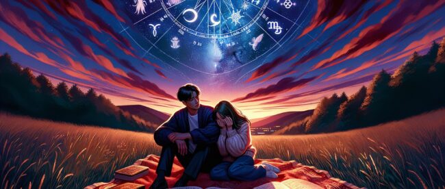 Stargazing couple with zodiac and astrology books.