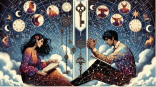 Astrological art with zodiac signs, keys, and reading couple.