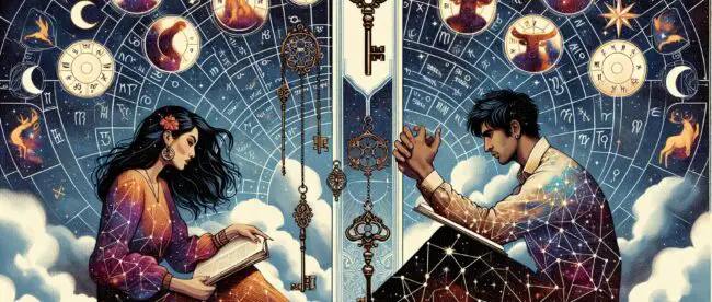 Astrological art with zodiac signs, keys, and reading couple.