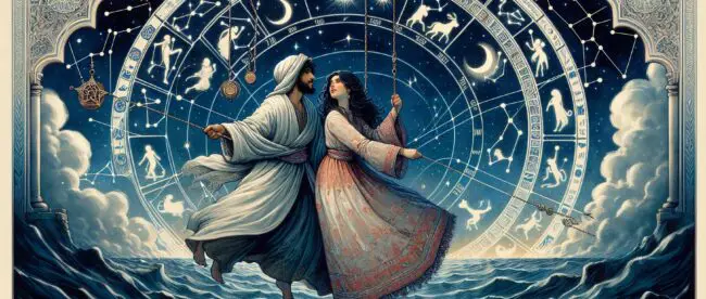Illustration: couple, astrology wheel, celestial background.
