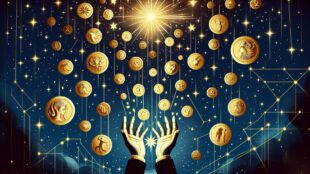 Hands catching zodiac symbol coins amidst constellations.