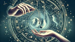 Astrology-themed illustration with zodiac signs and cosmic symbols.