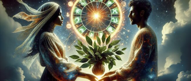 Cosmic zodiac wheel between mystical couple.