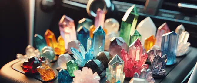 A car dashboard adorned with a collection of diverse, vibrant crystals placed strategically.