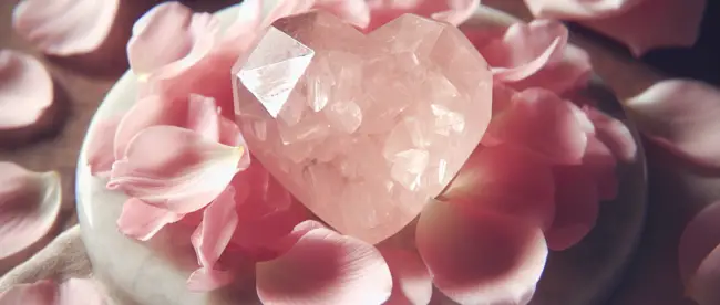 A heart-shaped rose quartz crystal surrounded by soft, delicate pink petals.