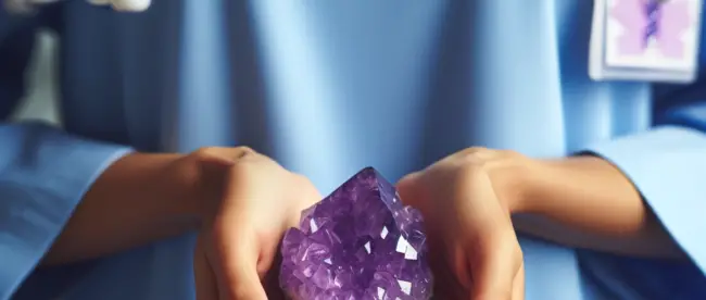 A South Asian female nurse holding a vibrant amethyst crystal.