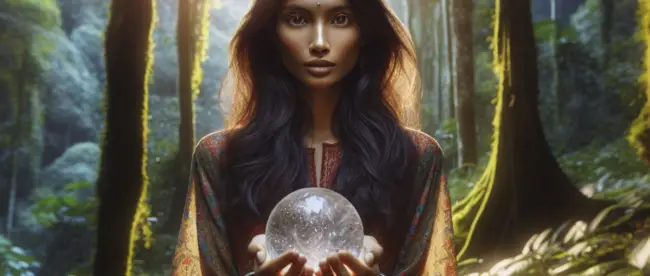 A South Asian woman standing in a forest holding a shimmering crystal ball in her outstretched palms, with sunlight filtering through the foliage.