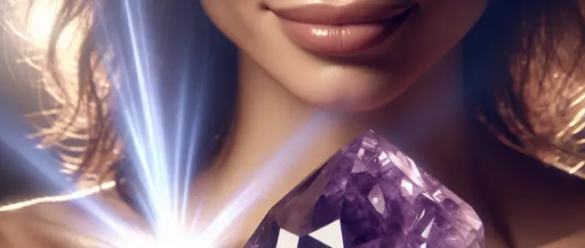 A woman of Middle-Eastern descent in her mid-thirties holding a large, brilliantly purple amethyst crystal, with radiant beams of light and ethereal h