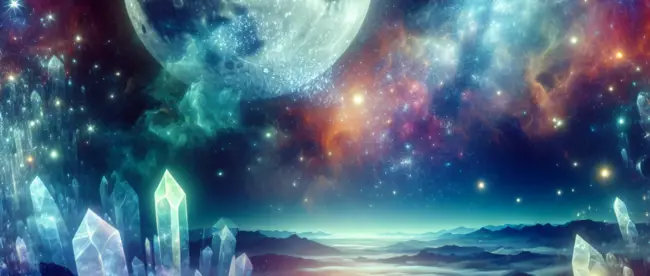 Alt text: A realistic depiction of a starry night sky with a full moon and vibrant crystals reflecting its light.