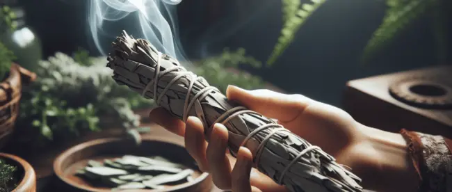 A close-up of a hand gently holding a freshly made sage smudge stick, surrounded by a soft, luminous haze of smoke. The background features lush green