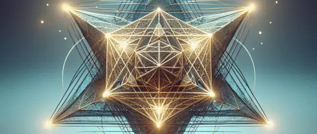 A glowing three-dimensional star tetrahedron radiates light, set against a serene, ethereal background. Subtle ancient Egyptian motifs weave through t